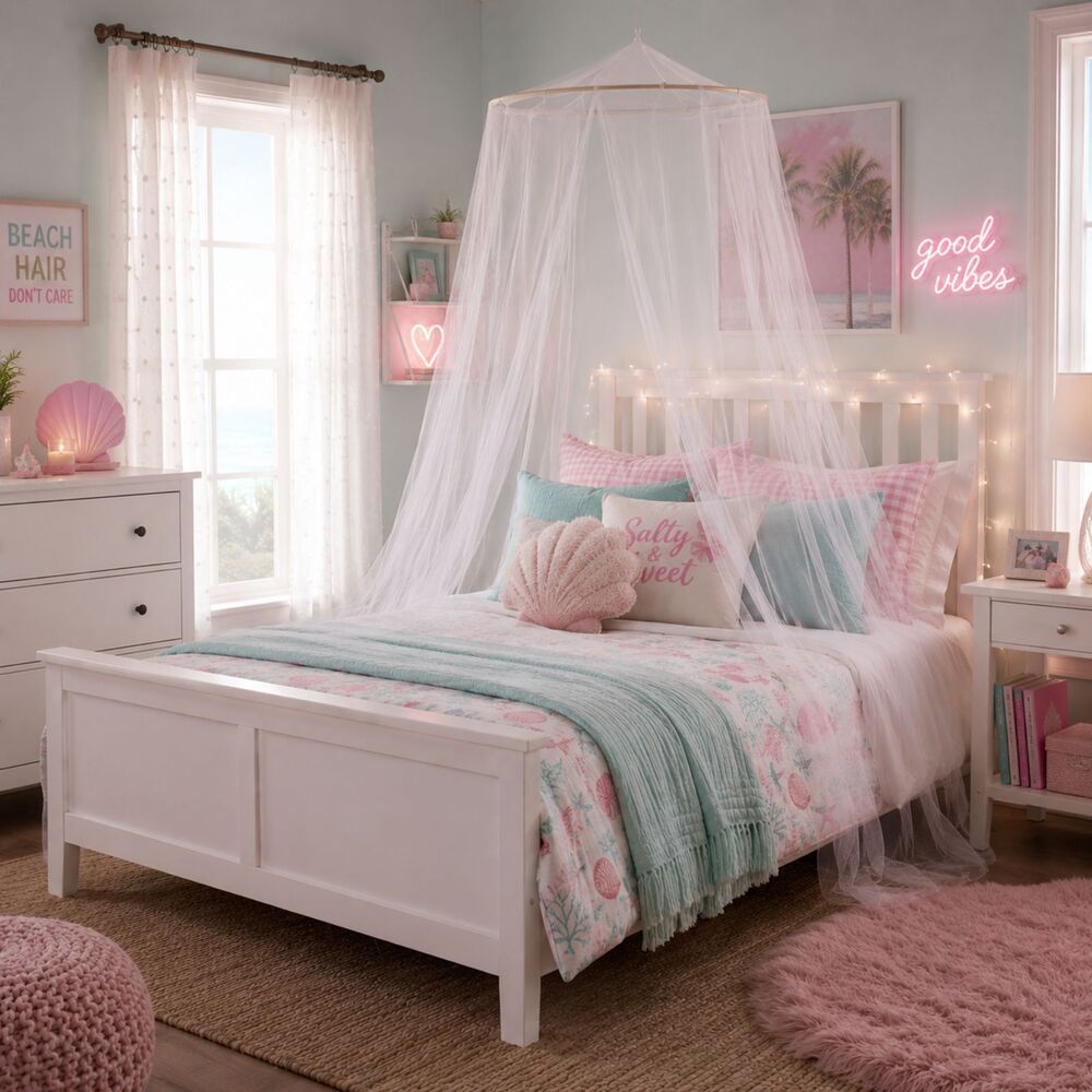 Girl's White Tulle Handmade Above The Bed Canopy Natural Wood Glam Coastal Beach